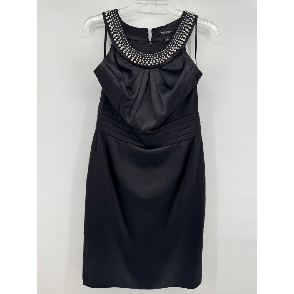 White House Black Market Women Dress Size 6 Black Sleeveless Faux Pearl Sheath
